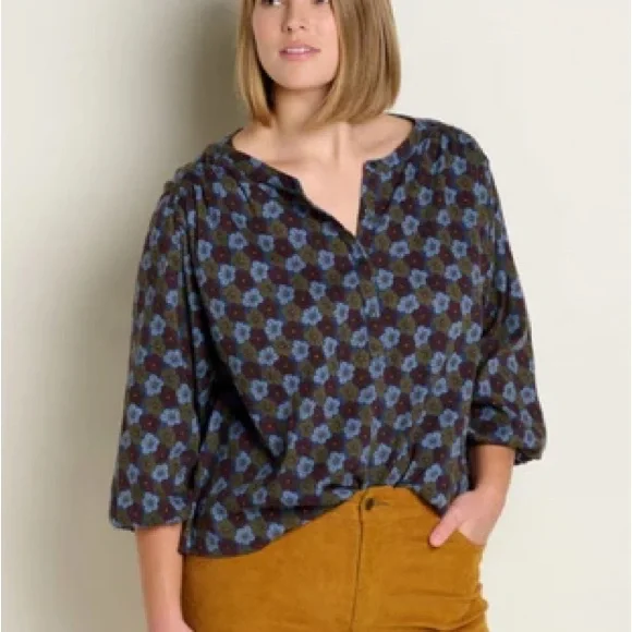 Toad&Co Manzana Blue Floral Peasant Blouse, Women’s Small - Picture 4 of 5